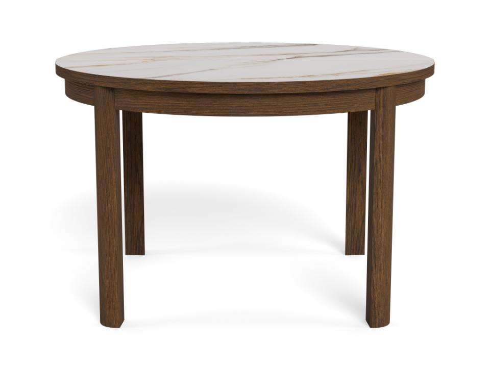 A round dining table with a dark brown wood frame and a light beige marble tabletop, shown on a white background.