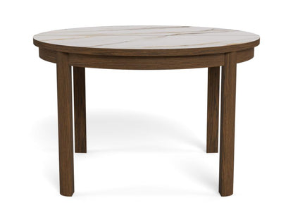 A round dining table with a dark brown wood frame and a light beige marble tabletop, shown on a white background.