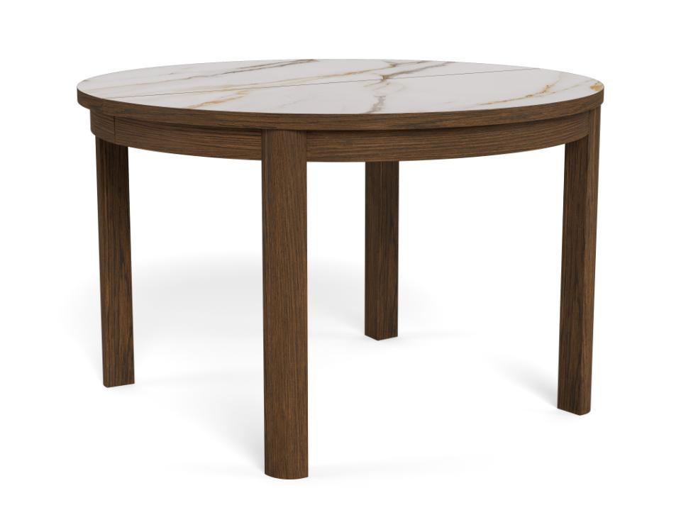 A round dining table with a dark brown wood frame and a white marble top featuring subtle beige veining, shown on a plain white background.