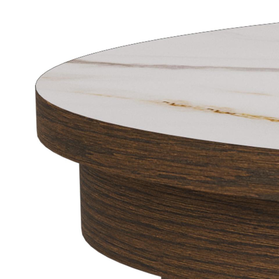 Round wooden table with marble-like top on a white background