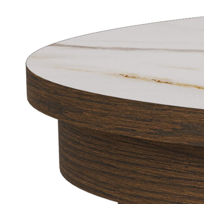 Round wooden table with marble-like top on a white background