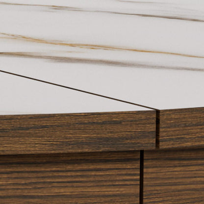Close-up detail of a modern cabinet or desk featuring a white marble-look top with subtle gold veining and dark brown wood grain drawer fronts.