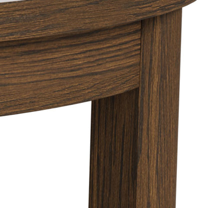 Close-up detail of a dark brown wooden table corner showing the wood grain texture on the tabletop and leg against a white background.