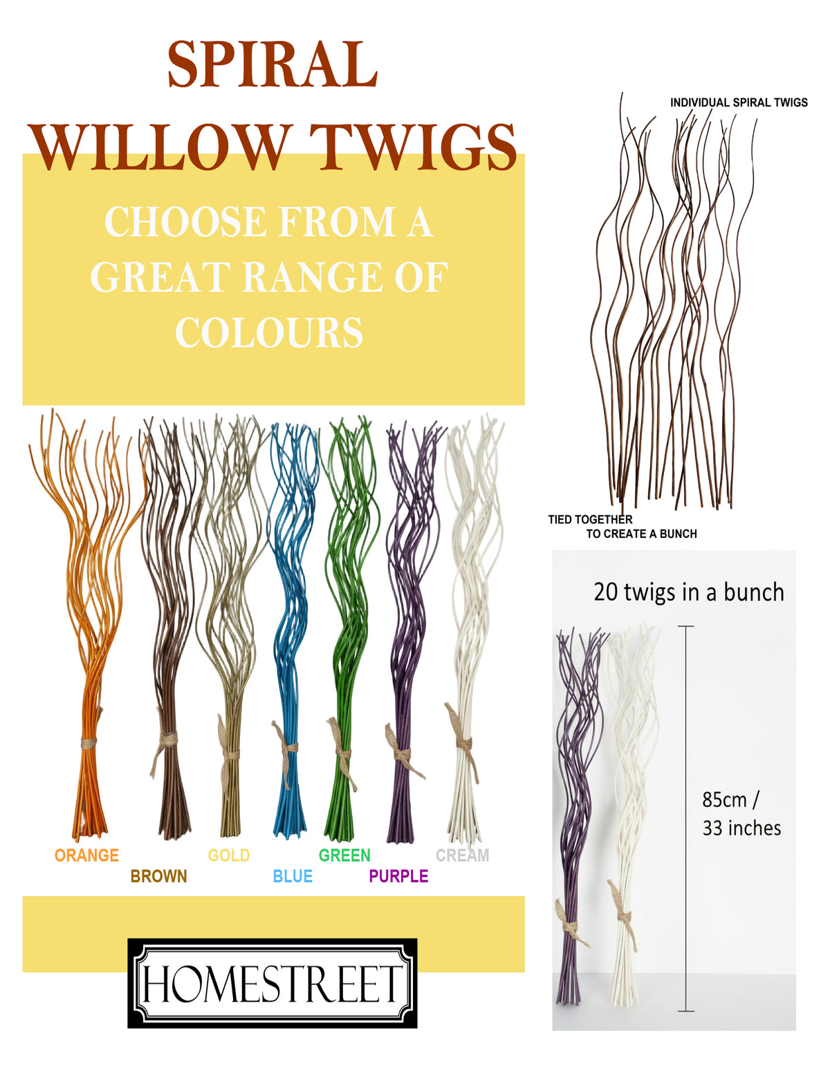 Promotional image of Spiral Willow Twigs with color options and Homestreet branding.