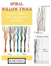 Load image into Gallery viewer, Promotional image of Spiral Willow Twigs with color options and Homestreet branding.
