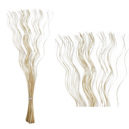 A cream willow twig bunch with a spiral shape 120cm tall next to a close up of the top of the twigs all on a white background