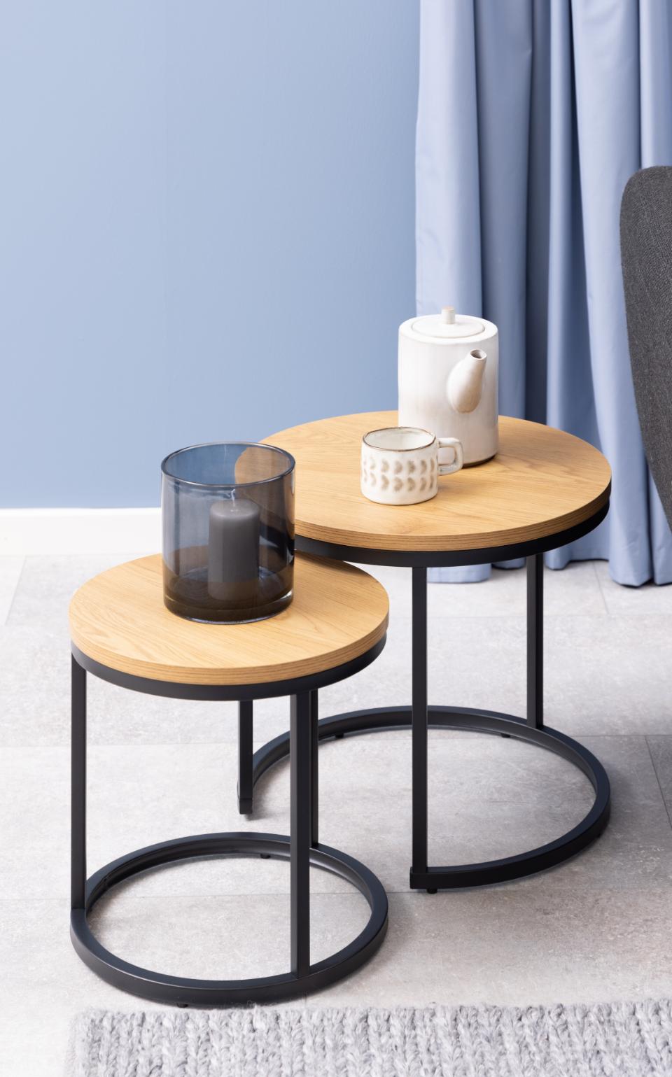Spiro 2Pc Nest Of Tables Wild Oak Top And Metal Base 45cm And 35cm