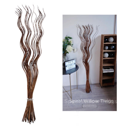 A bundle of long, twisted brown willow twigs displayed on a white background, with a smaller inset photo showing the twigs styled indoors next to a side table and shelving.