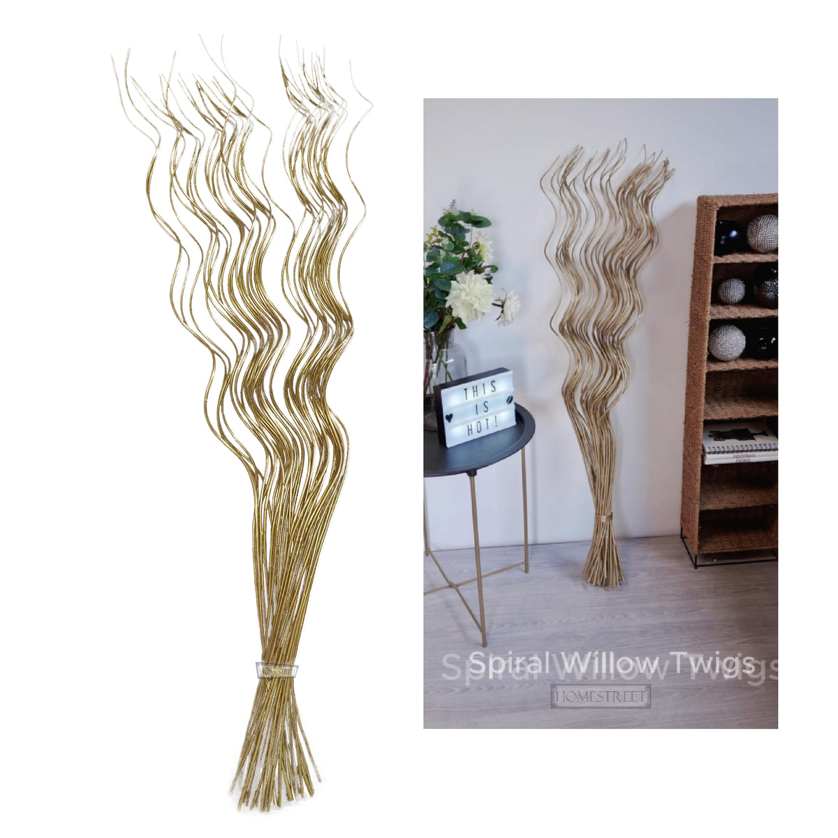 Two bundles of long, wavy spiral willow twigs in a metallic gold finish, shown on a plain white background and also styled in a room setting next to a side table and shelving unit.