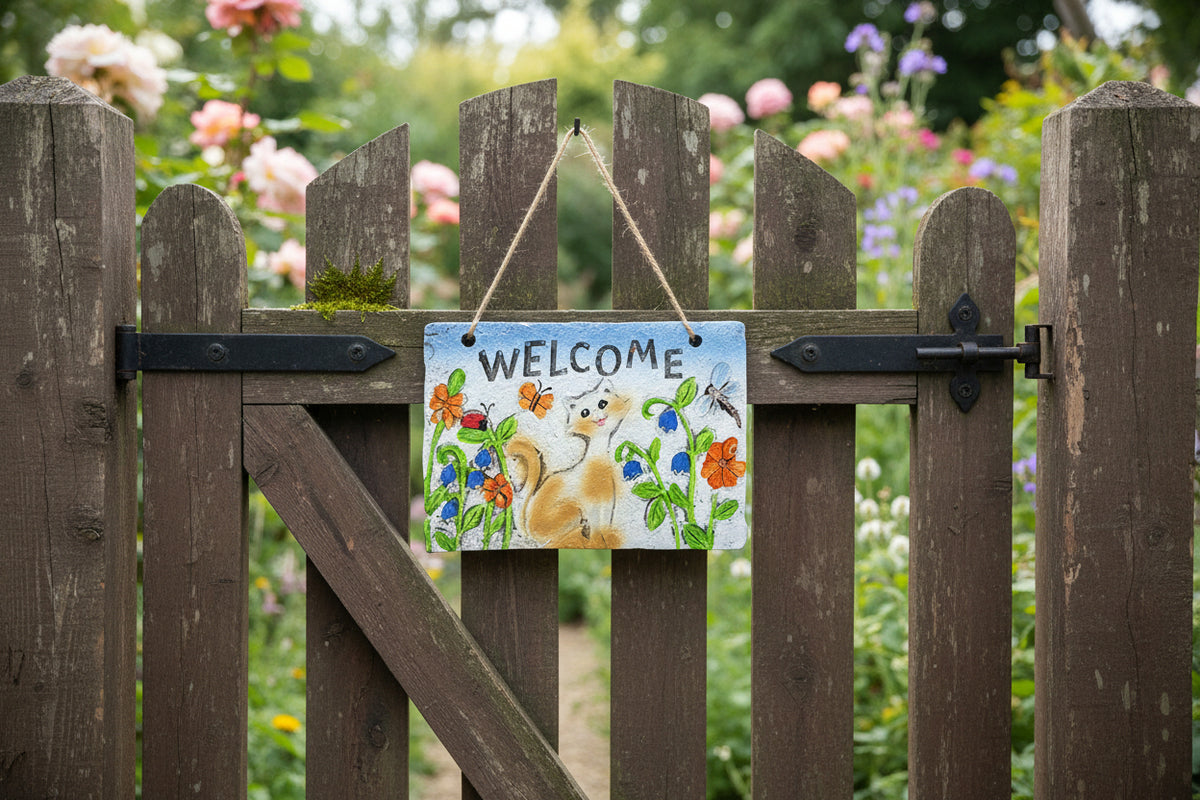 Cute Cat 'Welcome' Sign Stone Garden Decor or Gift