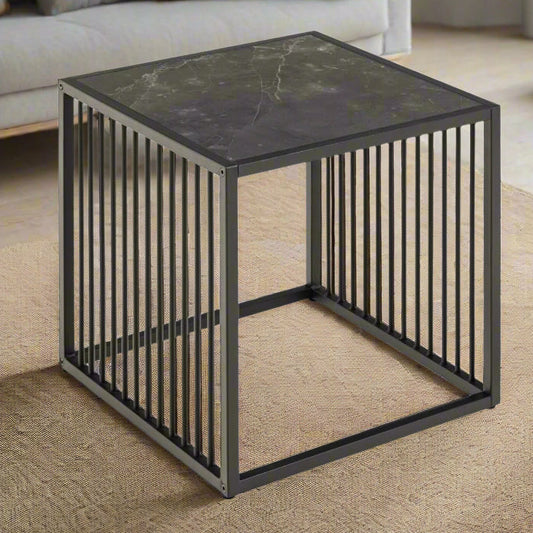 Strington Stylish Black Marble Look Side Table With Metal Bar Base 40x40cm
