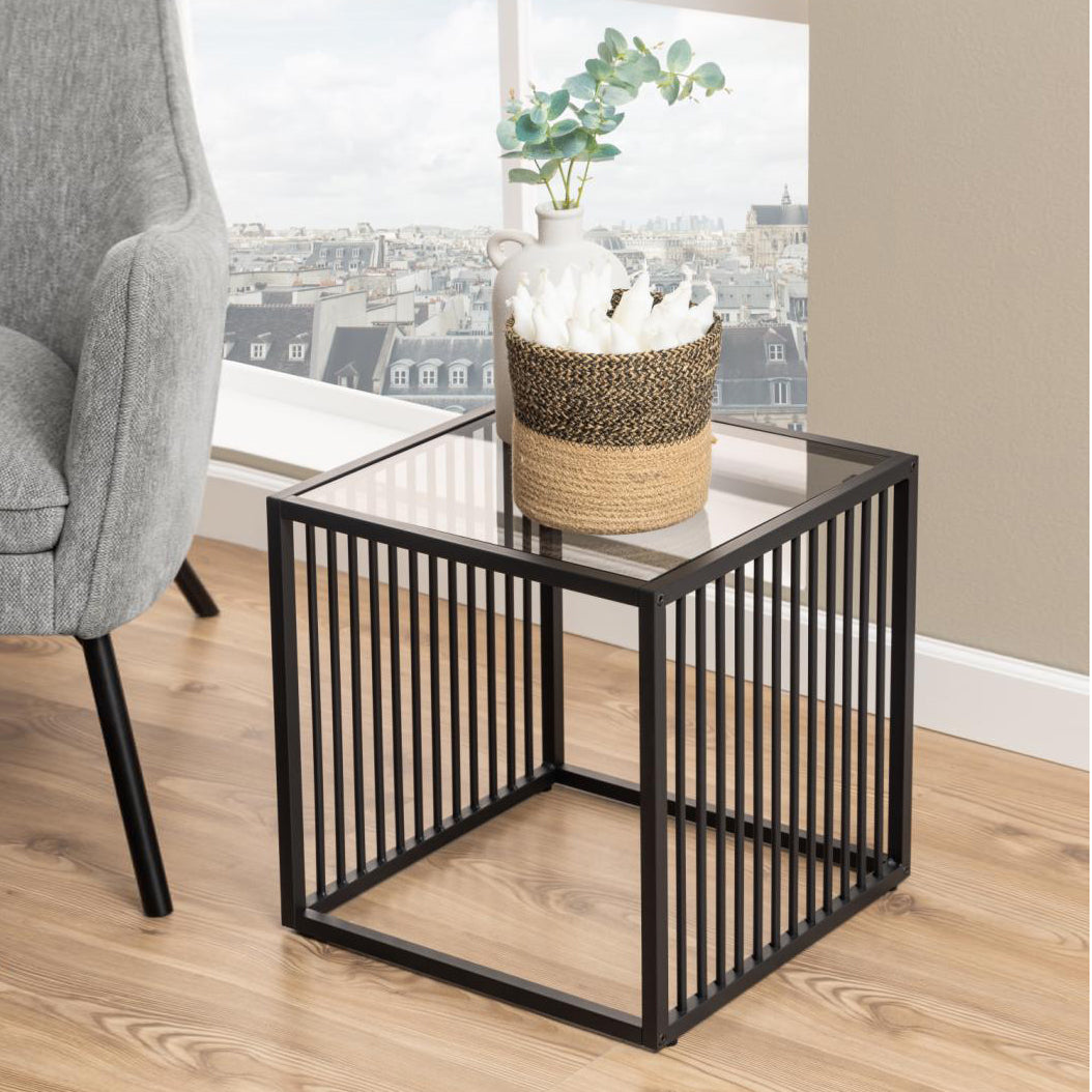 Strington Stylish Smoked Glass Side Table With Black Metal Bar Base 40x40cm
