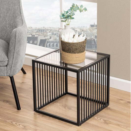 Strington Stylish Smoked Glass Side Table With Black Metal Bar Base 40x40cm