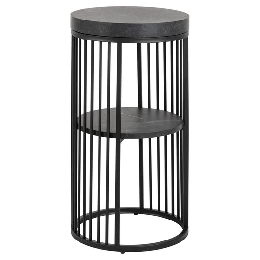Two-tiered side table with black metal frame and concrete top on a white background