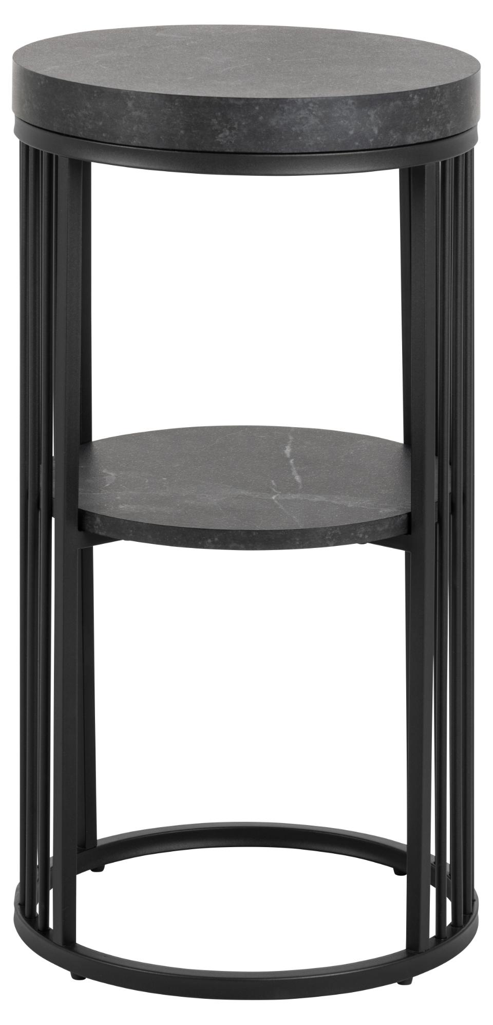 Round side table with black metal frame and gray marble top on a white background
