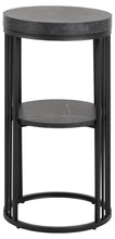 Load image into Gallery viewer, Round side table with black metal frame and gray marble top on a white background
