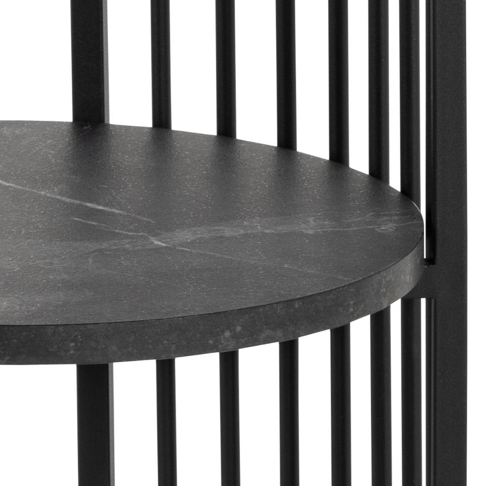 Black metal chair with a round black marble-like seat on a white background