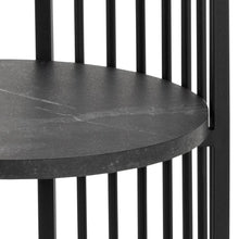 Load image into Gallery viewer, Black metal chair with a round black marble-like seat on a white background

