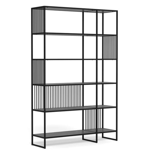 Black metal bookshelf with multiple shelves on a white background