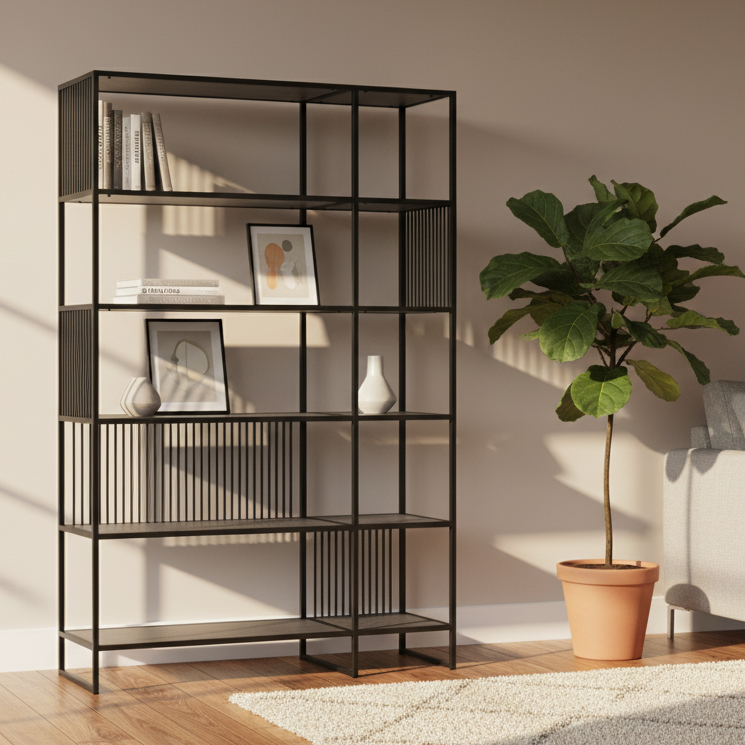 Strington Large Bookcase Shelf Unit Black Metal With 5 Shelves 120x35x185cm