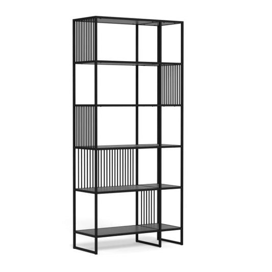 Black metal bookshelf with multiple shelves on a white background