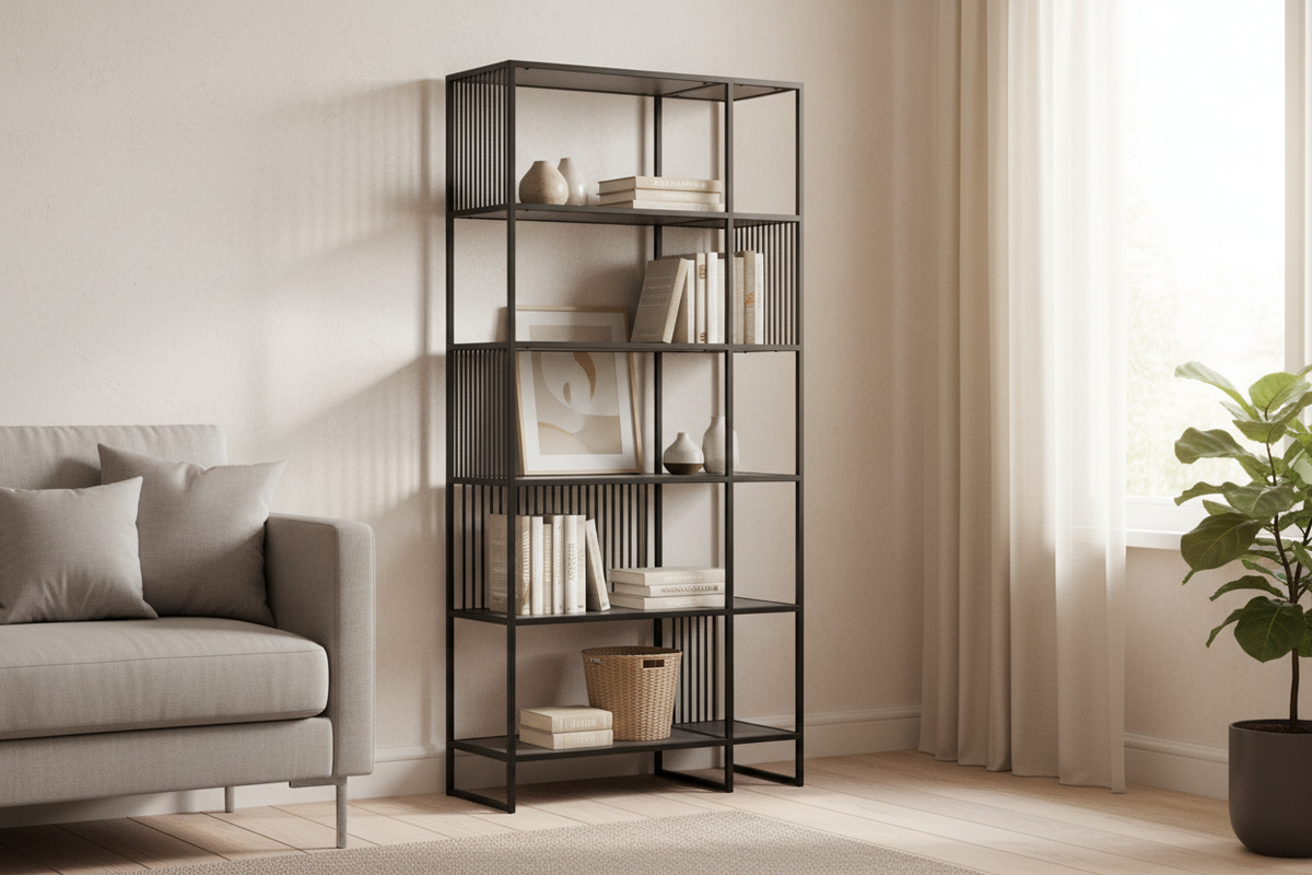 Strington Tall Bookcase Shelf Unit Black Metal With 5 Shelves 85x35x185 cm