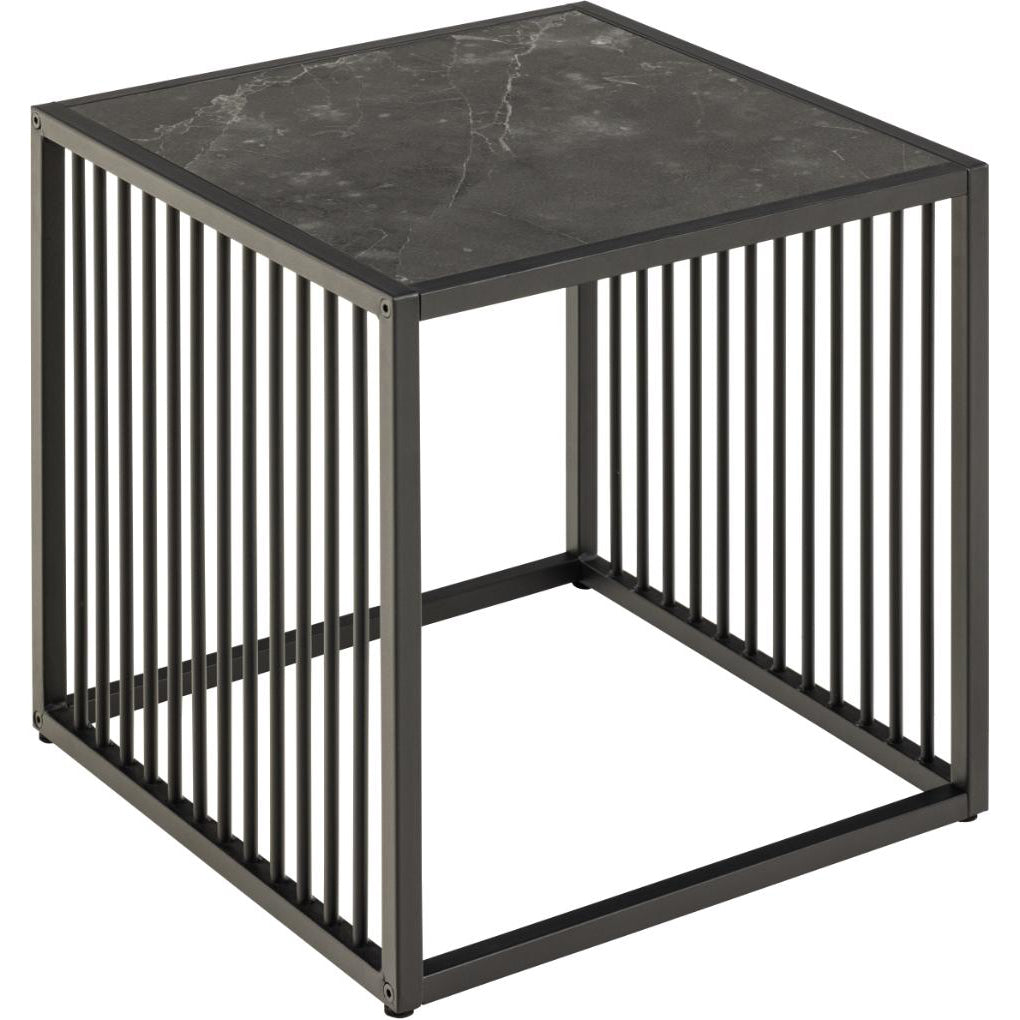 Strington Stylish Black Marble Look Side Table With Metal Bar Base 40x40cm