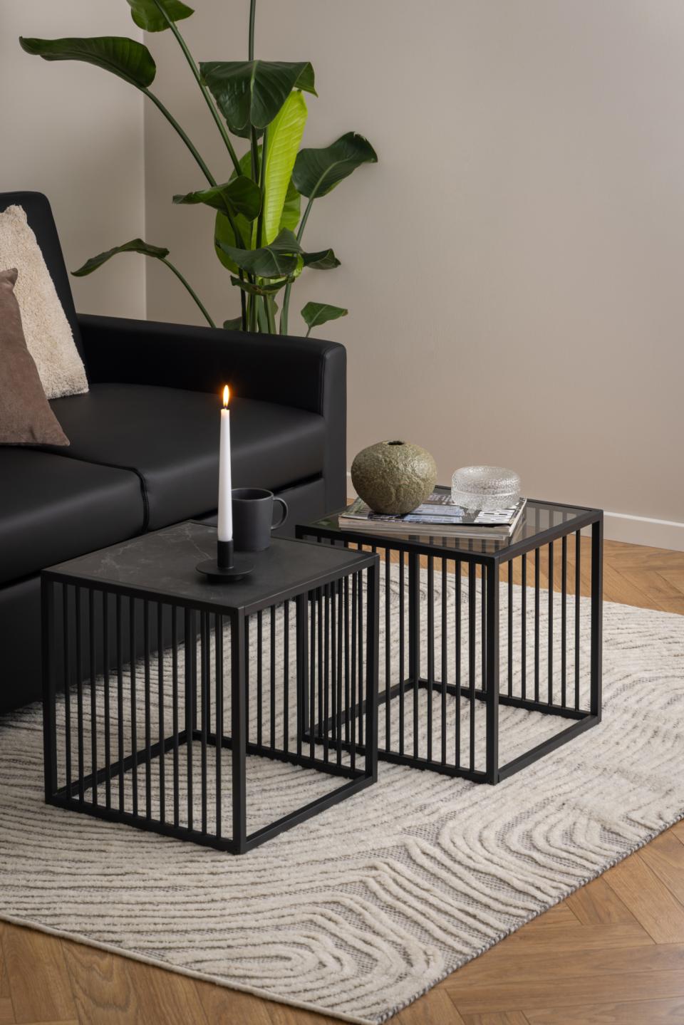 Strington Stylish Black Marble Look Side Table With Metal Bar Base 40x40cm