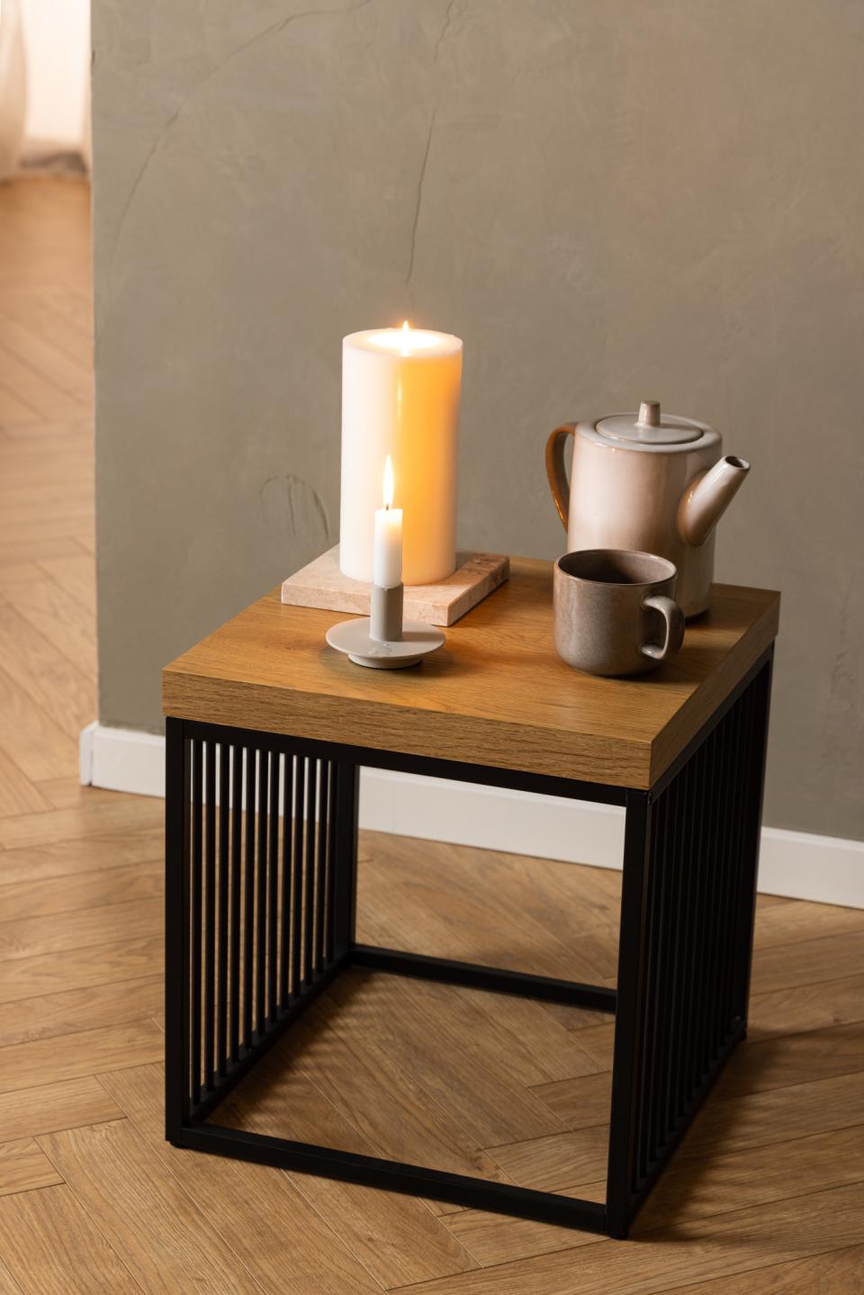 Strington Stylish Oak Melamine Side Table With Metal Bar Base 40x40cm