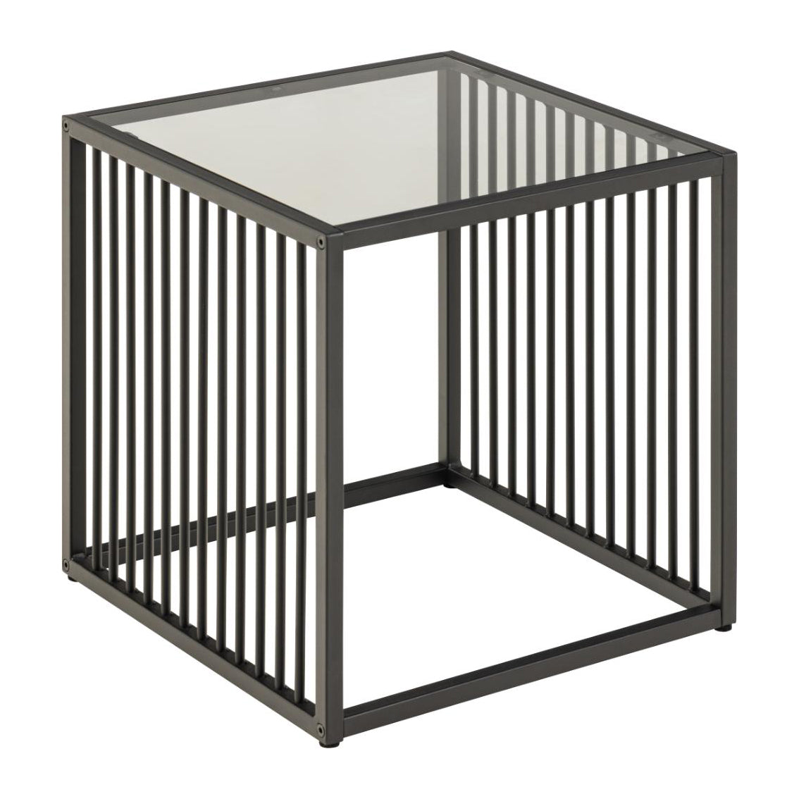 Strington Stylish Smoked Glass Side Table With Black Metal Bar Base 40x40cm