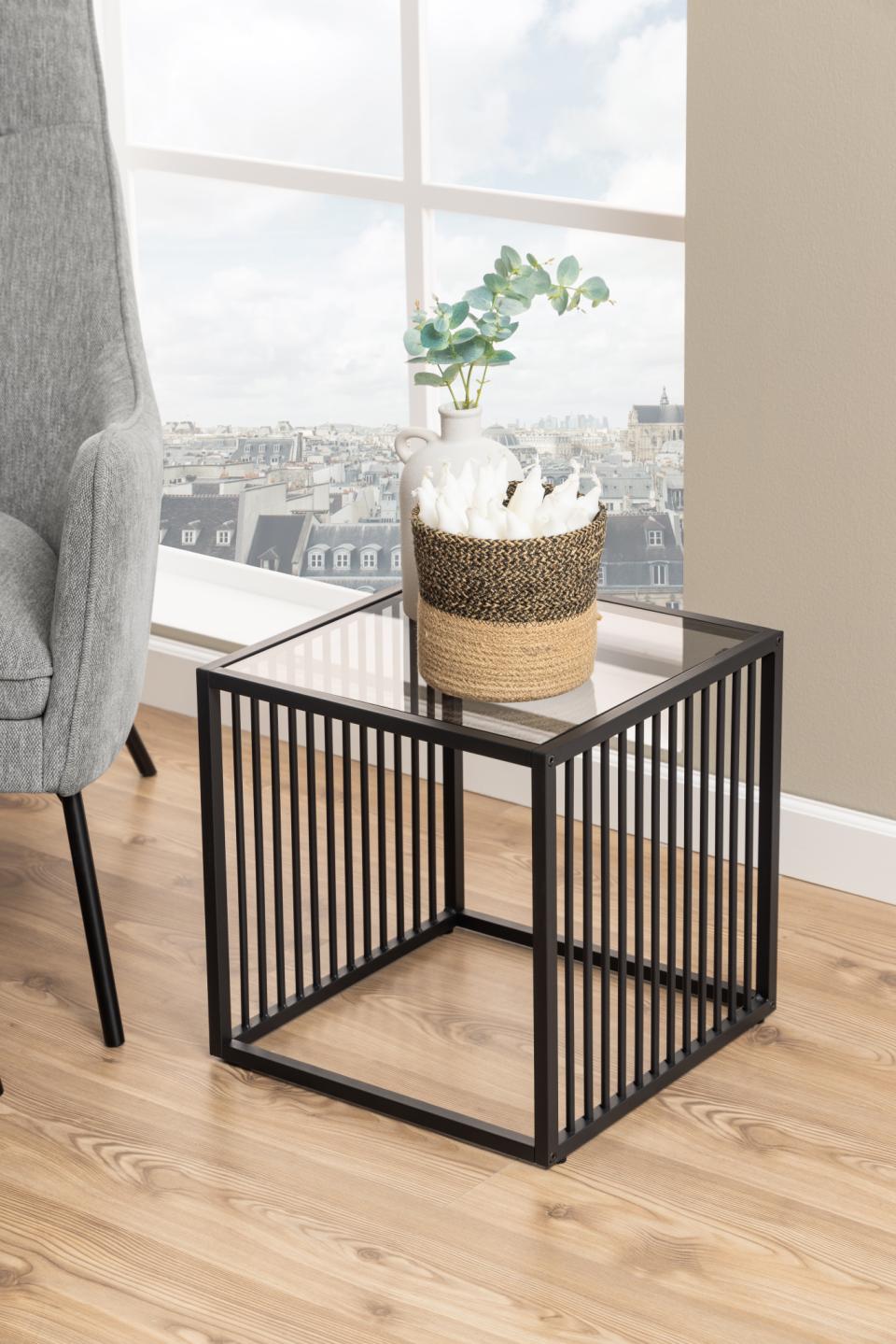 Strington Stylish Smoked Glass Side Table With Black Metal Bar Base 40x40cm