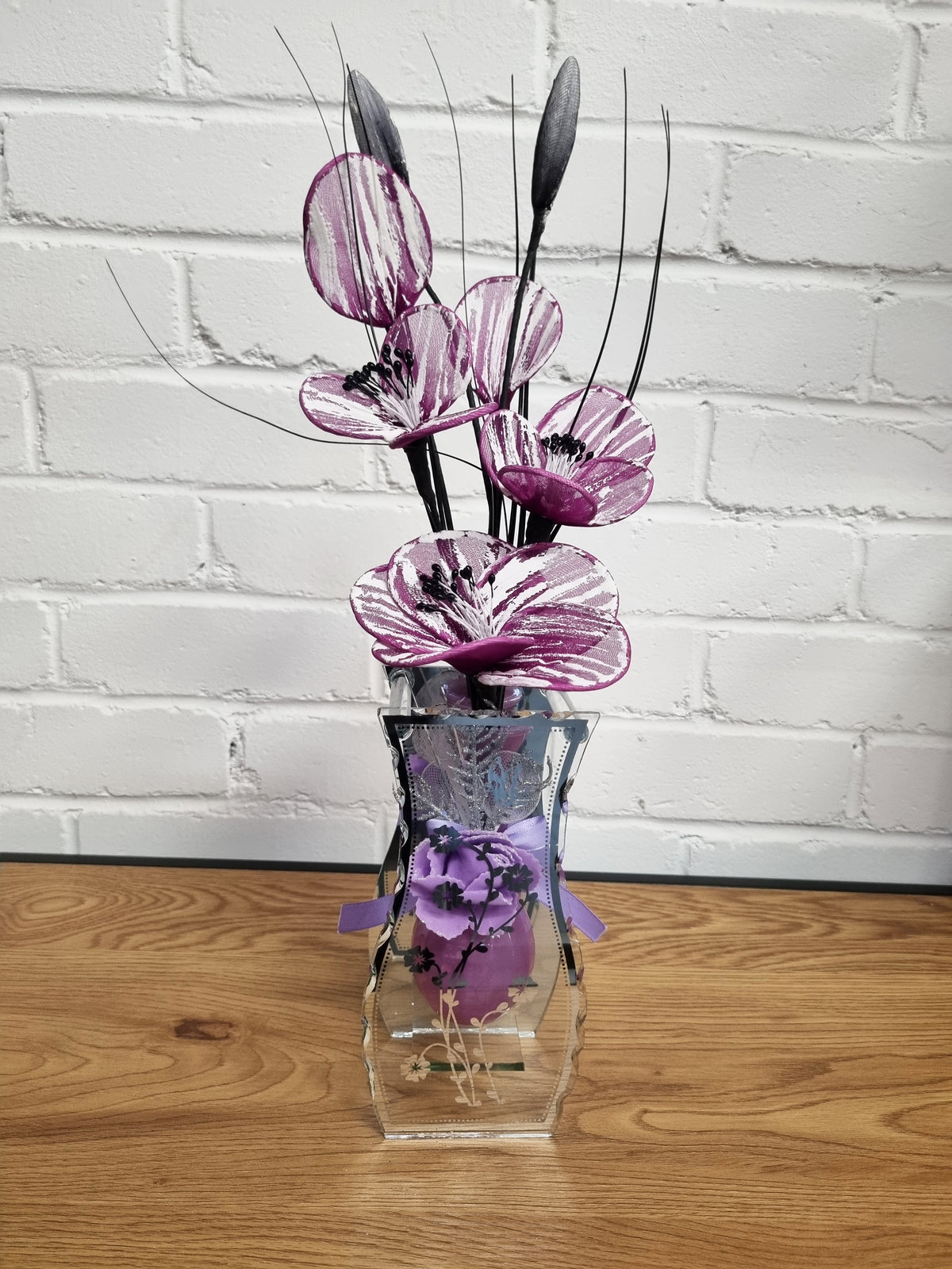 Gossamer Striped Nylon Flower In A Mirrored Vase With Stunning Detail