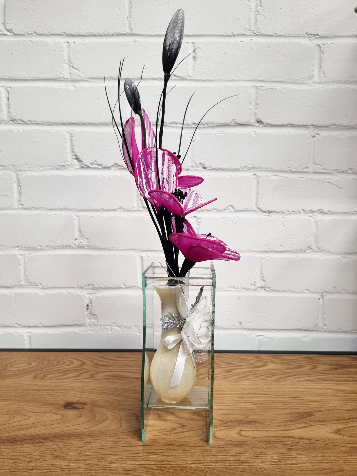 Gossamer Striped Nylon Flower In A Mirrored Vase With Stunning Detail