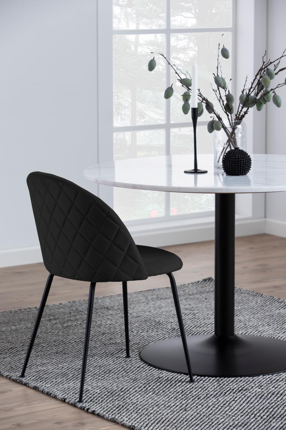 Tarifa Solid Marble Dining Table 110cm Round White Top With Powder Coated Black Metal Base