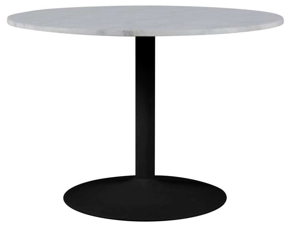 A round dining table with a white marble top and a black pedestal base, shown against a plain white background.