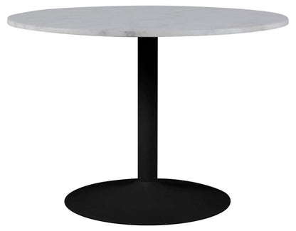 A round dining table with a white marble top and a black pedestal base, shown against a plain white background.