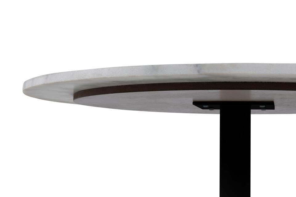 Close-up of a round table showing a light gray marble top with a dark brown inlay and a black metal pedestal leg on a white background.