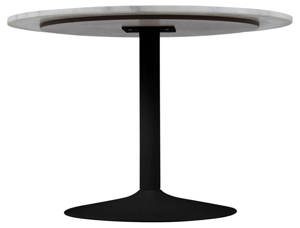 A round dining table with a light gray marble-patterned top and a black pedestal base, shown against a plain white background.