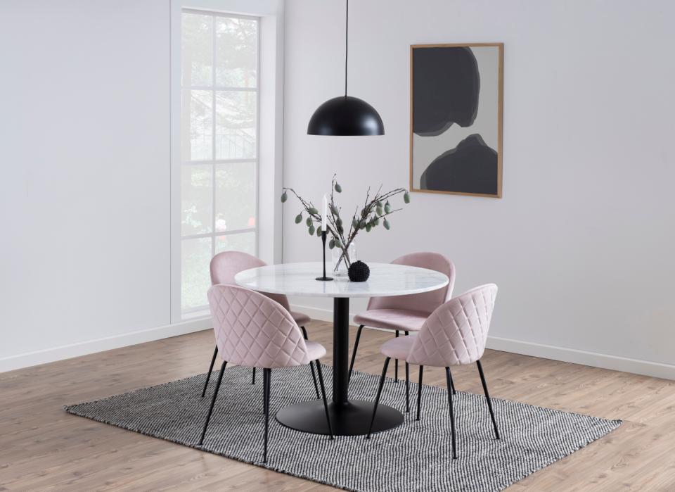Tarifa Solid Marble Dining Table 110cm Round White Top With Powder Coated Black Metal Base