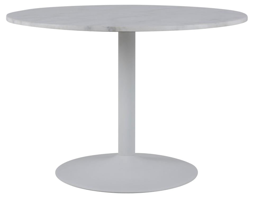 the side view of a white marble dining table on a white background