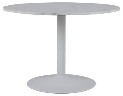 the side view of a white marble dining table on a white background