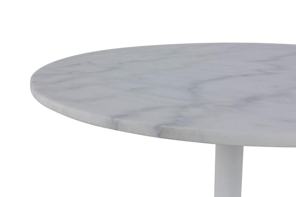 Tarifa Solid Marble Dining Table 110cm Round White Top With Powder Coated White Metal Base