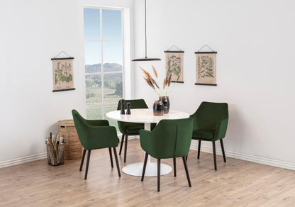 Tarifa Solid Marble Dining Table 110cm Round White Top With Powder Coated White Metal Base