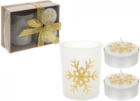 White holiday-themed candle set with a large frosted glass candle featuring a gold glitter snowflake, two small white tea light candles topped with gold glitter, and a gift box with a gold ribbon.
