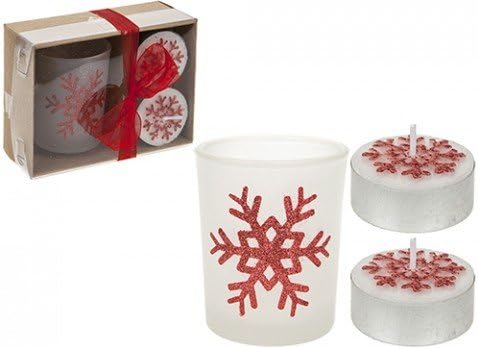 A set of white holiday-themed candles, including a larger snowflake-patterned votive holder, two smaller tea light candles, and their gift box with a red ribbon.