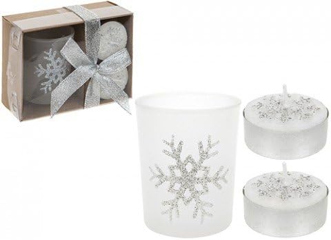 A holiday-themed candle set featuring a frosted white taper candle with a glittery silver snowflake design, two matching silver tea light candles, and a gift box with a silver ribbon and snowflake ornament.