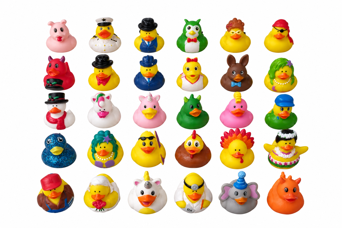 Tidied example of 30 mixed ducks in five rows of six