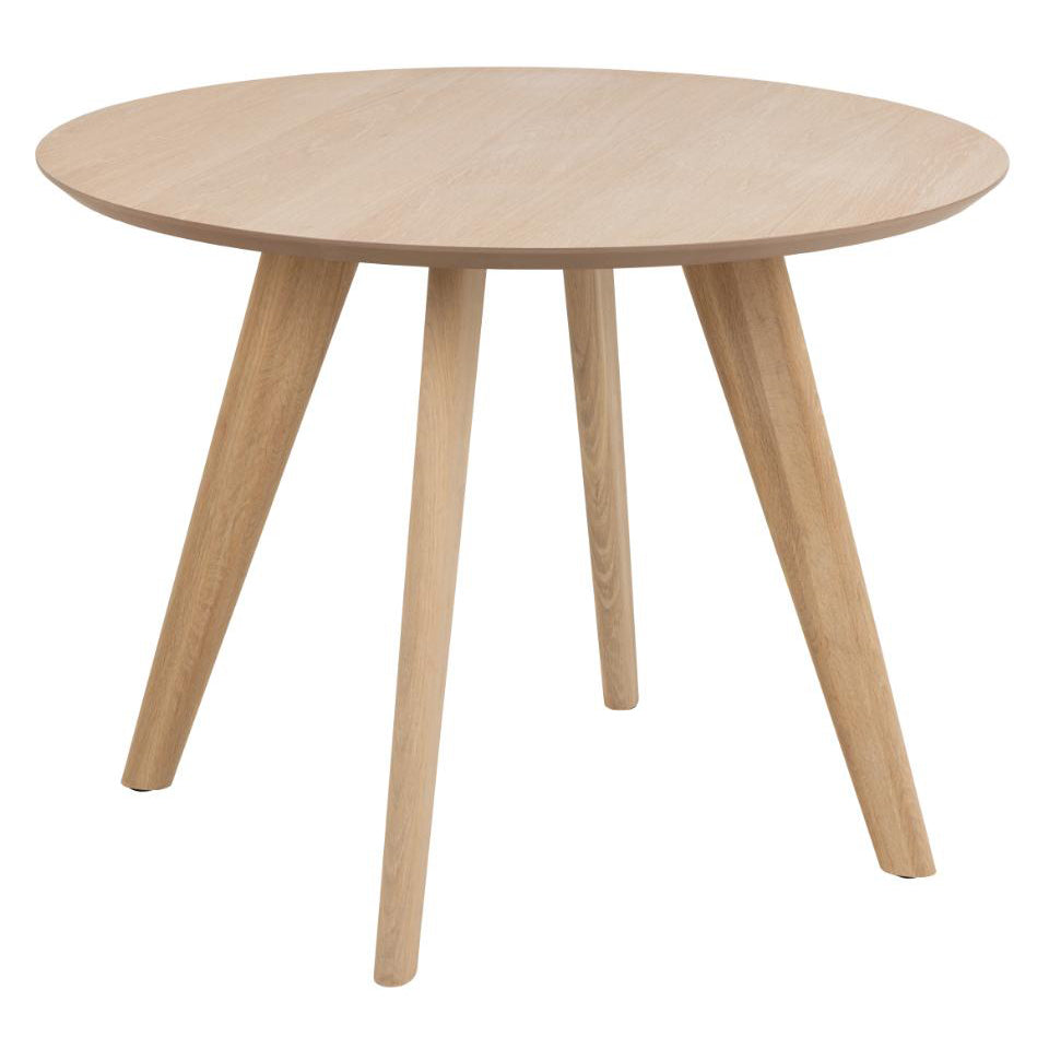 Round wooden table with four legs on a white background