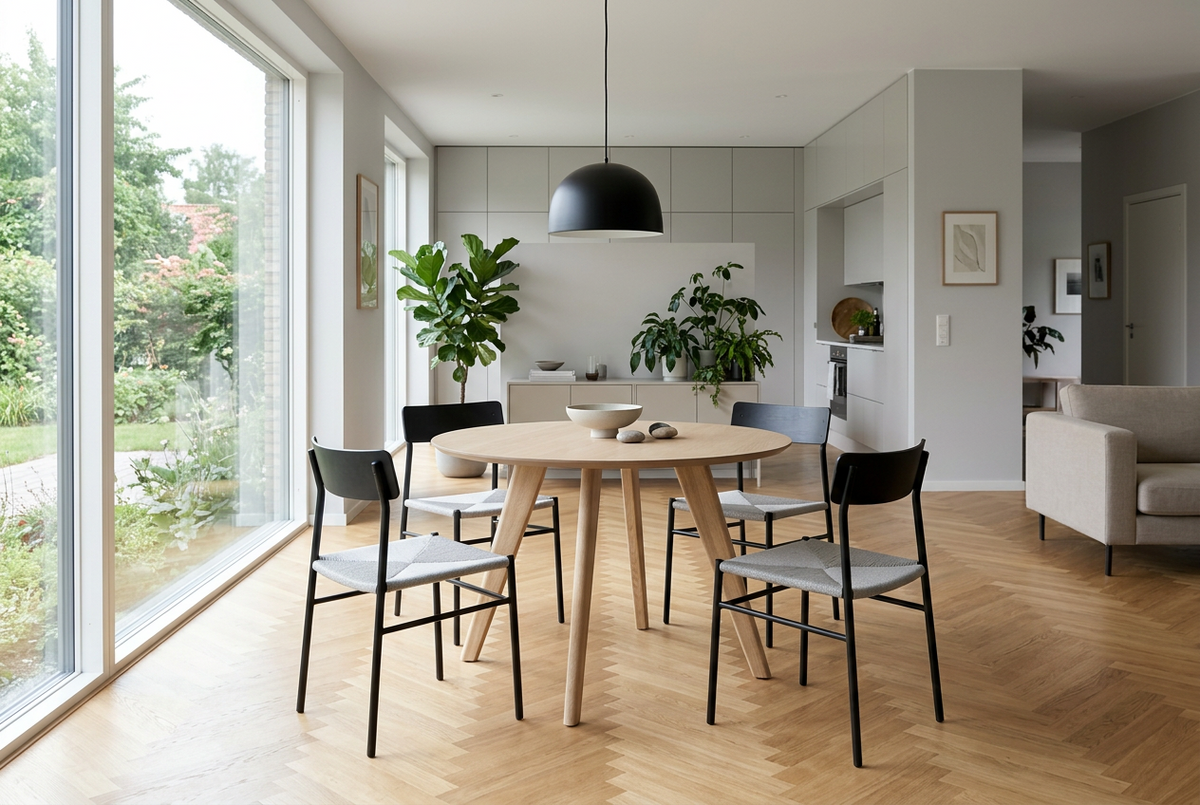 A modern dining room scene with a round light wood table surrounded by black-framed chairs with light gray upholstered seats, set in a bright contemporary apartment with large windows, herringbone wood flooring, and indoor plants.