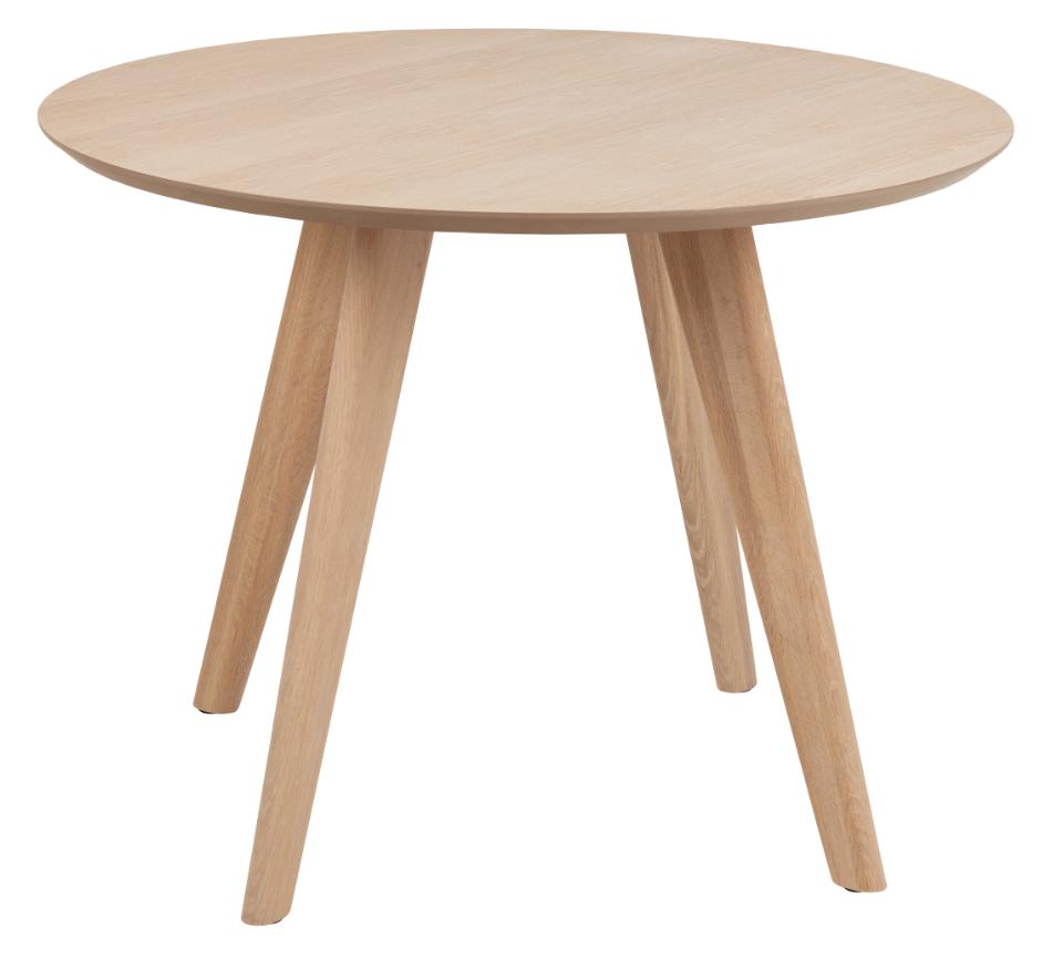 Round wooden Townsville dining table with four legs on a white background